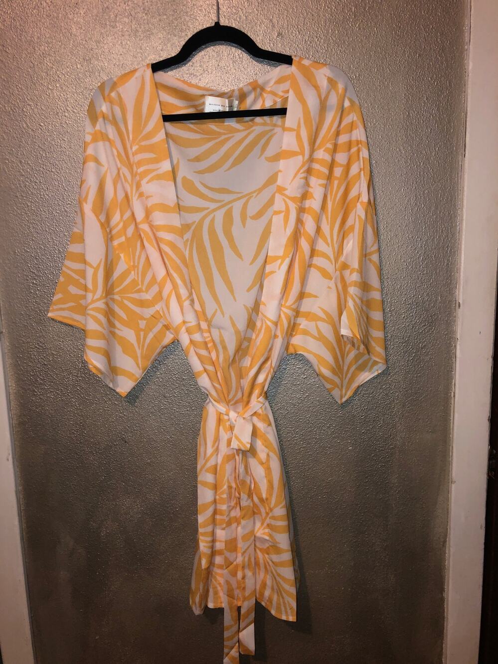Maison Du Soir M / L Yellow White Palm Leaf Kimono Robe Belted Resort Chic Luxe